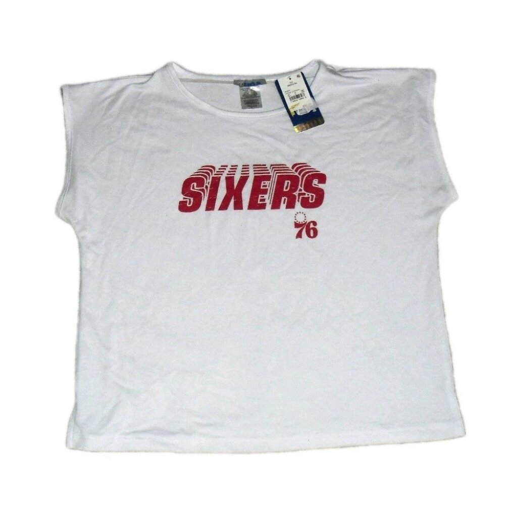 Philadelphia 76ers Womens Short Sleeve White Shirt Top Wide Sleeves Sz. Medium
